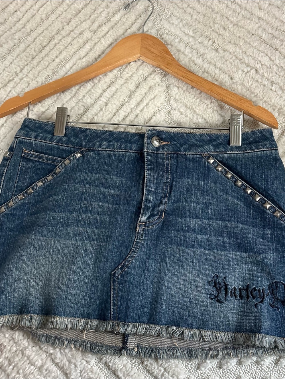 Y2k Harley Denim Mini Skirt with Studded Trim